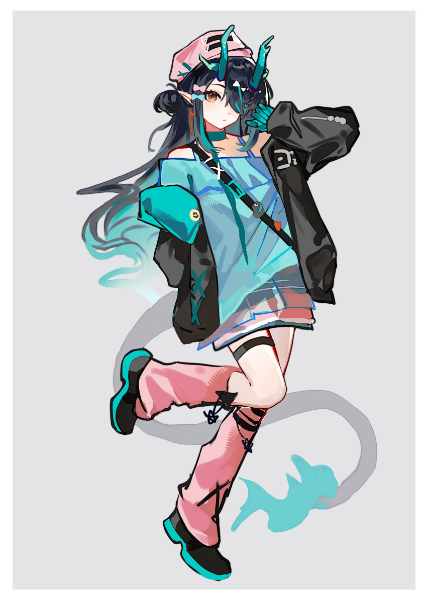 1girl, absurdres, alternate_costume, alternate_hairstyle, aqua_hair, arknights, beret, black_hair