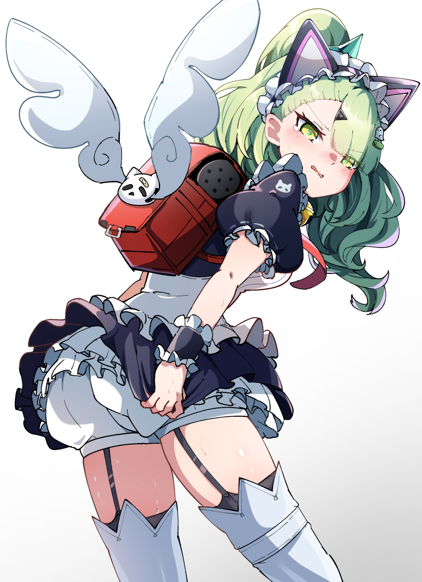 1girl, absurdres, animal_ear_hairband, animal_ears, bag, bell, black_dress, black_garter_straps