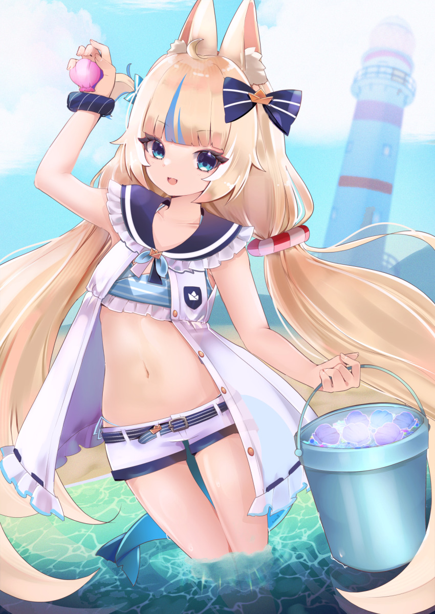 1girl, animal_ear_fluff, animal_ears, belt, bikini, blonde_hair, blue_belt, blue_bikini, blue_bow, blue_streaks, bow, breasts, bucket, cat_ears, cloud, dress, fins, fish_girl, fish_tail, hair_bow, highres, holding, holding_bucket, holding_seashell, indie_virtual_youtuber, lifebuoy_hair_ornament, lighthouse, long_hair, looking_at_viewer, multicolored_hair, navel, one_side_up, open_clothes, open_dress, open_mouth, outdoors, sameko_saba, sameko_saba_(1st_costume), shorts, small_breasts, smile, solo, streaked_hair, swimsuit, tail, tundrea, very_long_hair, virtual_youtuber, wading, water, white_dress, white_shorts