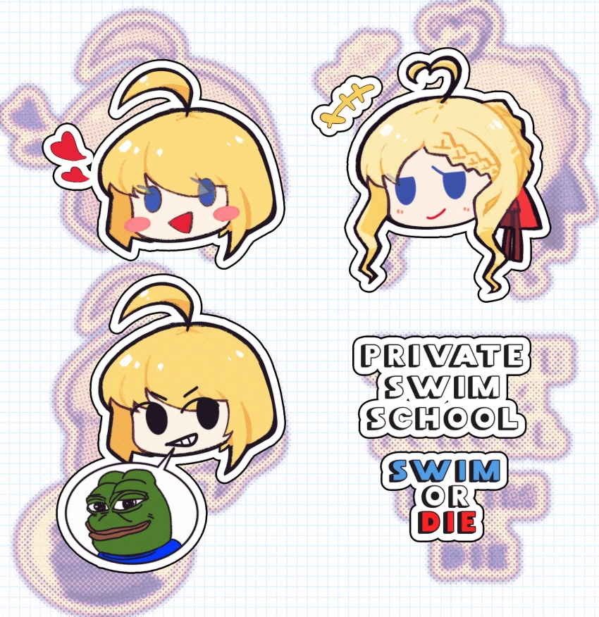 +++, 2girls, :d, a1binos1ug, ahoge, anders_breivik, animification, black_eyes, blonde_hair, blue_eyes, blush_stickers, bob_cut, bow, braid, braided_bangs, braided_bun, brenton_tarrant, chibi, chibi_only, closed_mouth, commentary_request, cropped_head, english_text, genderswap, genderswap_(mtf), grid_background, grid_teeth, grin, hair_between_eyes, hair_bow, hair_bun, halftone, halftone_background, heart, highres, huge_ahoge, jitome, looking_at_viewer, multiple_girls, multiple_views, open_mouth, outline, pepe_the_frog, real_life, red_bow, short_hair, sidelocks, sideways_glance, simple_background, single_hair_bun, smile, solid_oval_eyes, spoken_character, swept_bangs, v-shaped_eyebrows, wavy_sidelocks, white_background, white_outline, zoom_layer