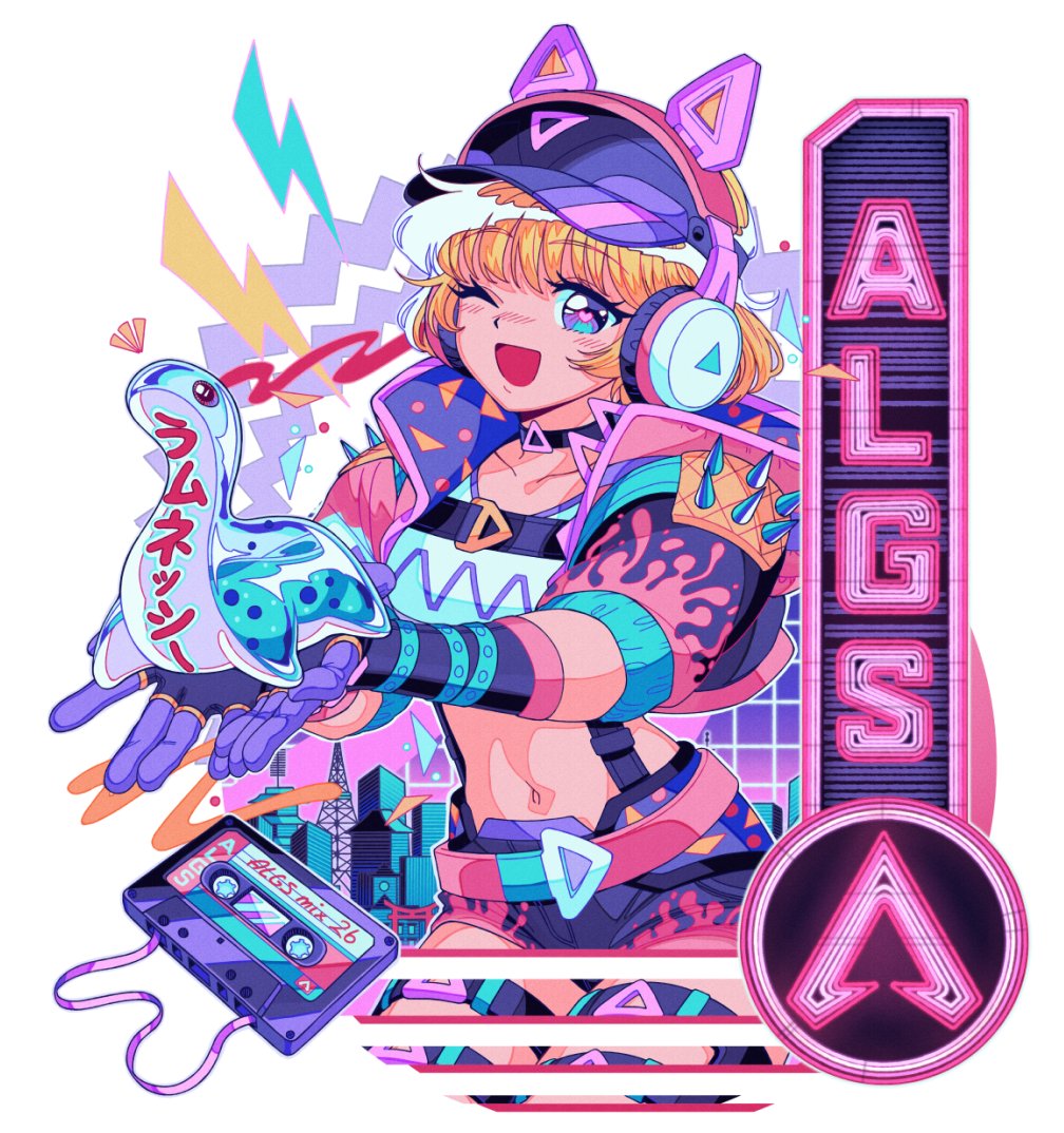 1girl, animal_ear_headphones, animal_ears, apex_legends, black_choker, black_gloves, black_hat, black_shorts, blonde_hair, bob_cut, bsapricot, cassette_tape, choker, crop_top, cropped_jacket, fake_animal_ears, gloves, hat, headphones, heart, heart-shaped_pupils, holding, kawaii_kitty_wattson, nessie_(respawn), one_eye_closed, open_mouth, short_hair, short_sleeves, shorts, smile, solo, symbol-shaped_pupils, wattson_(apex_legends)