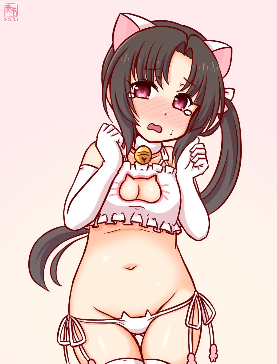 1girl, alternate_costume, animal_ear_legwear, animal_ears, bell, black_hair, blush, bra