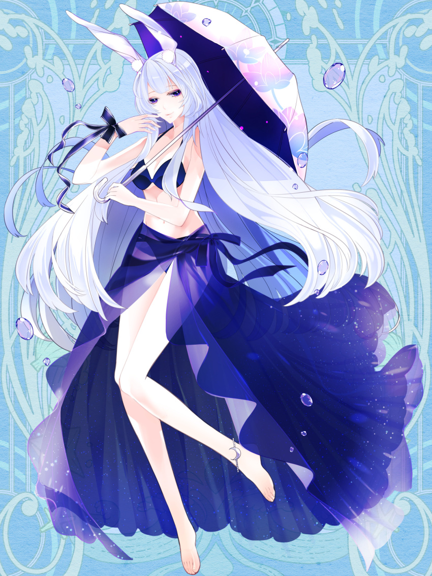 1girl, animal_ears, anklet, barefoot, blue_background, breasts, dairoku_ryouhei, hand_up