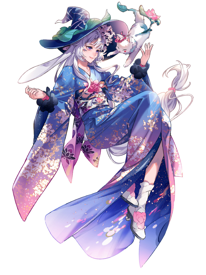 1girl, blue_hat, blue_kimono, cat, dairoku_ryouhei, flower, full_body, hat, high_heels, highres, japanese_clothes, kaju_ai, kimono, long_hair, obi, pink_flower, ponponpananda, purple_eyes, sash, shoes, solo, transparent_background, very_long_hair, white_hair, white_shoes, witch_hat, yukata