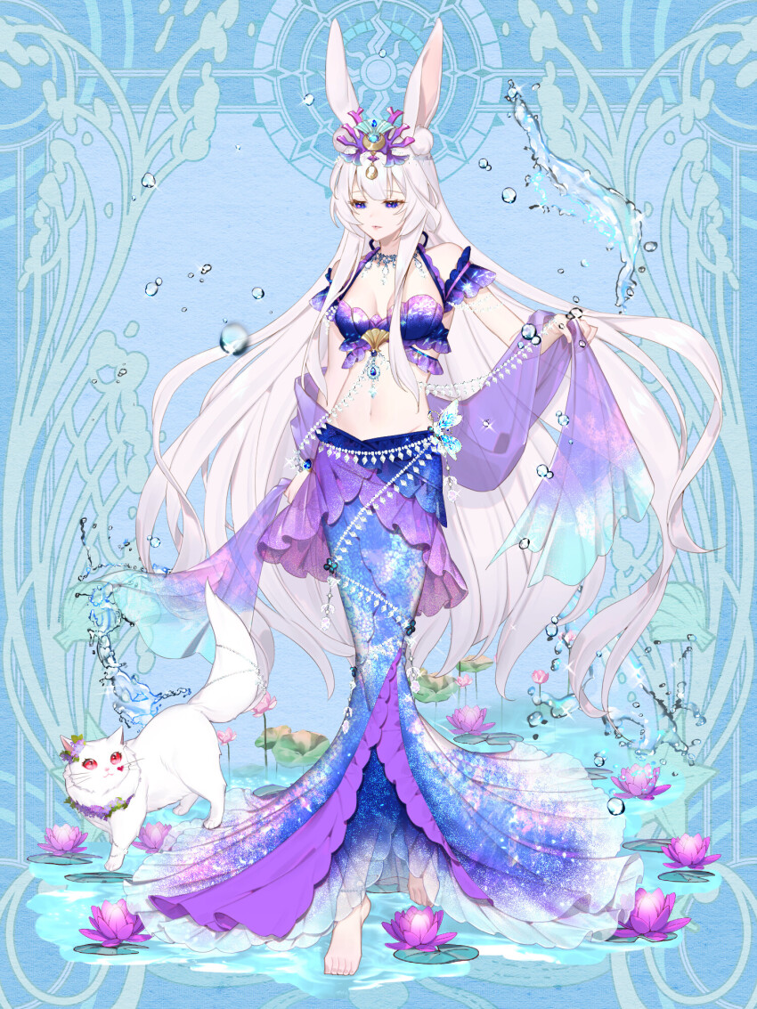 1girl, animal_ears, barefoot, blue_background, blue_eyes, bra, breasts, cat