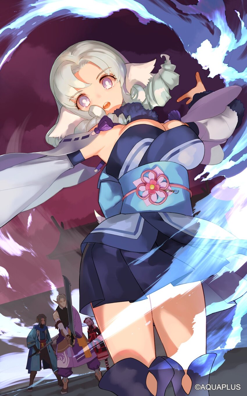 2boys, 2girls, animal_ears, boots, breasts, cleavage, commentary_request, drill_hair