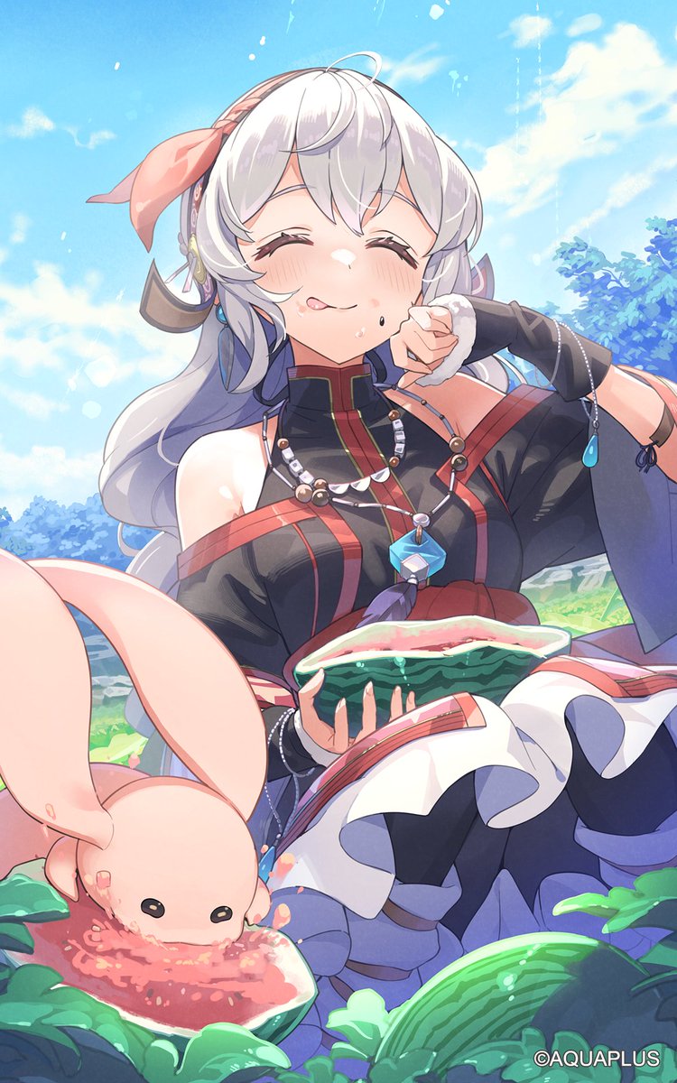 1boy, 1girl, arm_warmers, bare_shoulders, black_arm_warmers, black_dress, black_thighhighs, blush, closed_eyes, commentary_request, company_name, dress, eating, food, fruit, hairband, halu_(utawarerumono), highres, long_hair, monochrome_mobius, official_art, red_hairband, shunya_(utawarerumono), smile, stuffed_toy, tam-u, thighhighs, utawarerumono, utawarerumono:_lost_flag, very_long_hair, watermelon, white_hair