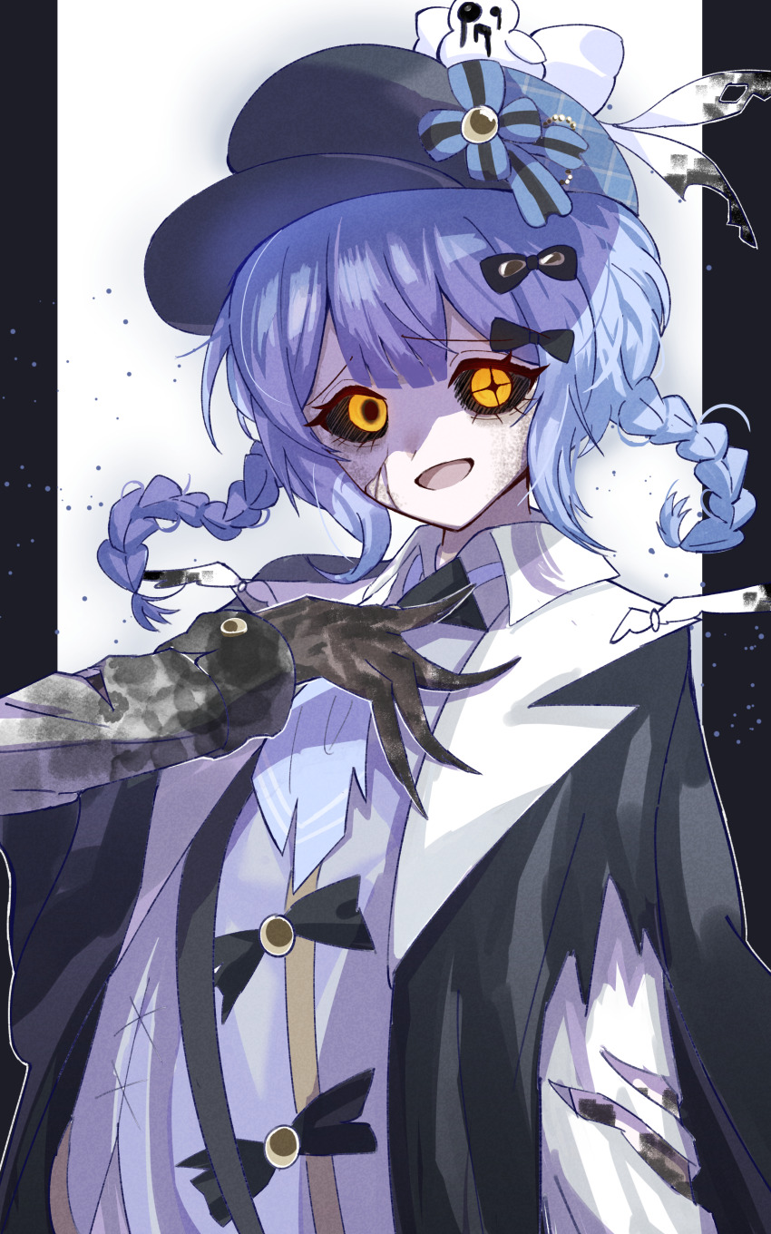 1girl, absurdres, black_bow, black_bowtie, black_nails, blue_eyes, bow, bowtie