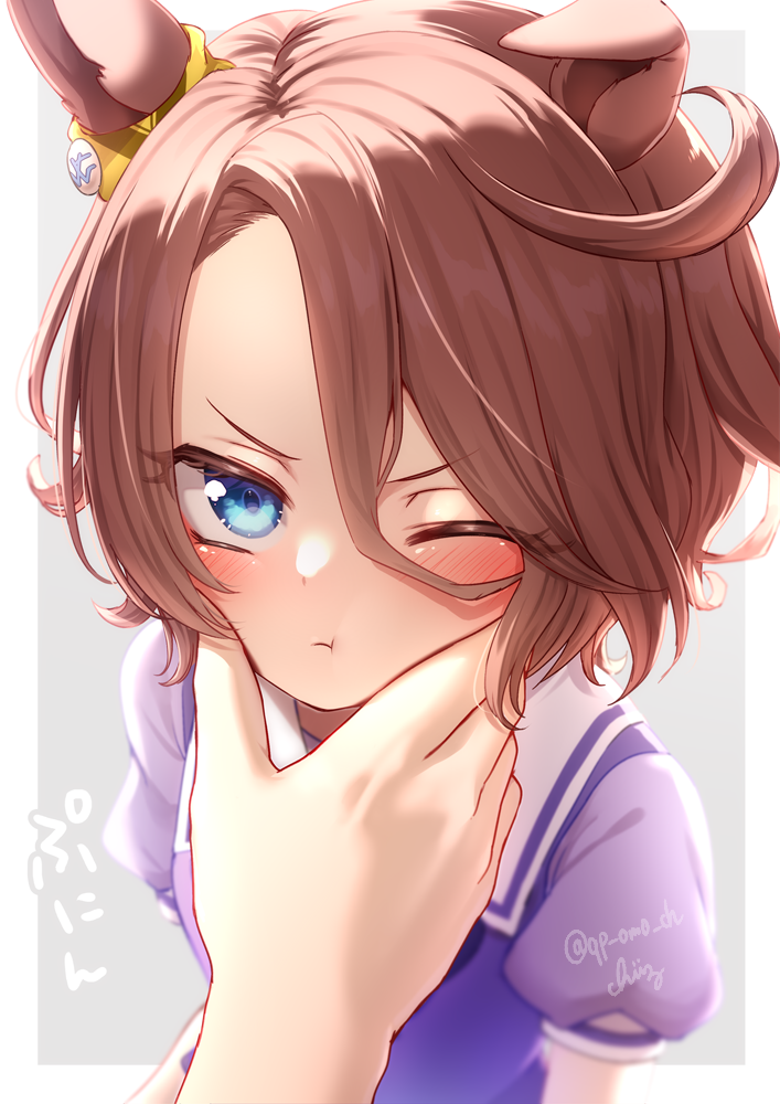 1girl, :t, animal_ears, annoyed, artist_name, blue_eyes, blush, border