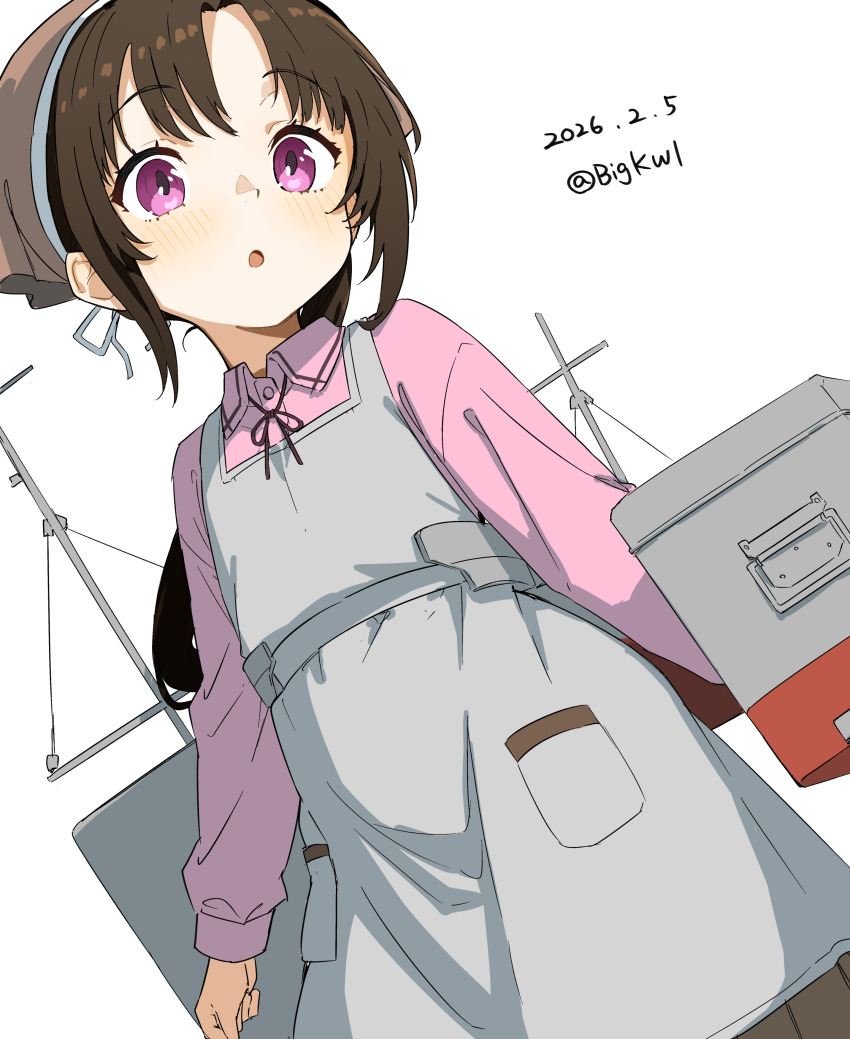 1girl, :o, absurdres, apron, bigkwl, black_ribbon, blush, brown_hair