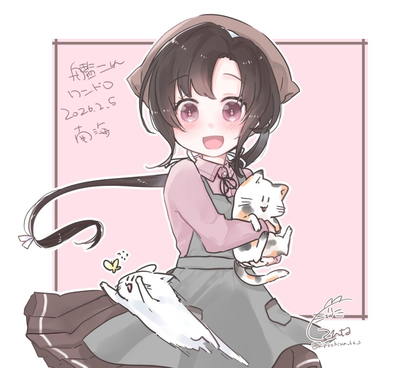 1girl, animal, animal_hug, apron, artist_logo, bandana, black_hair, brown_bandana