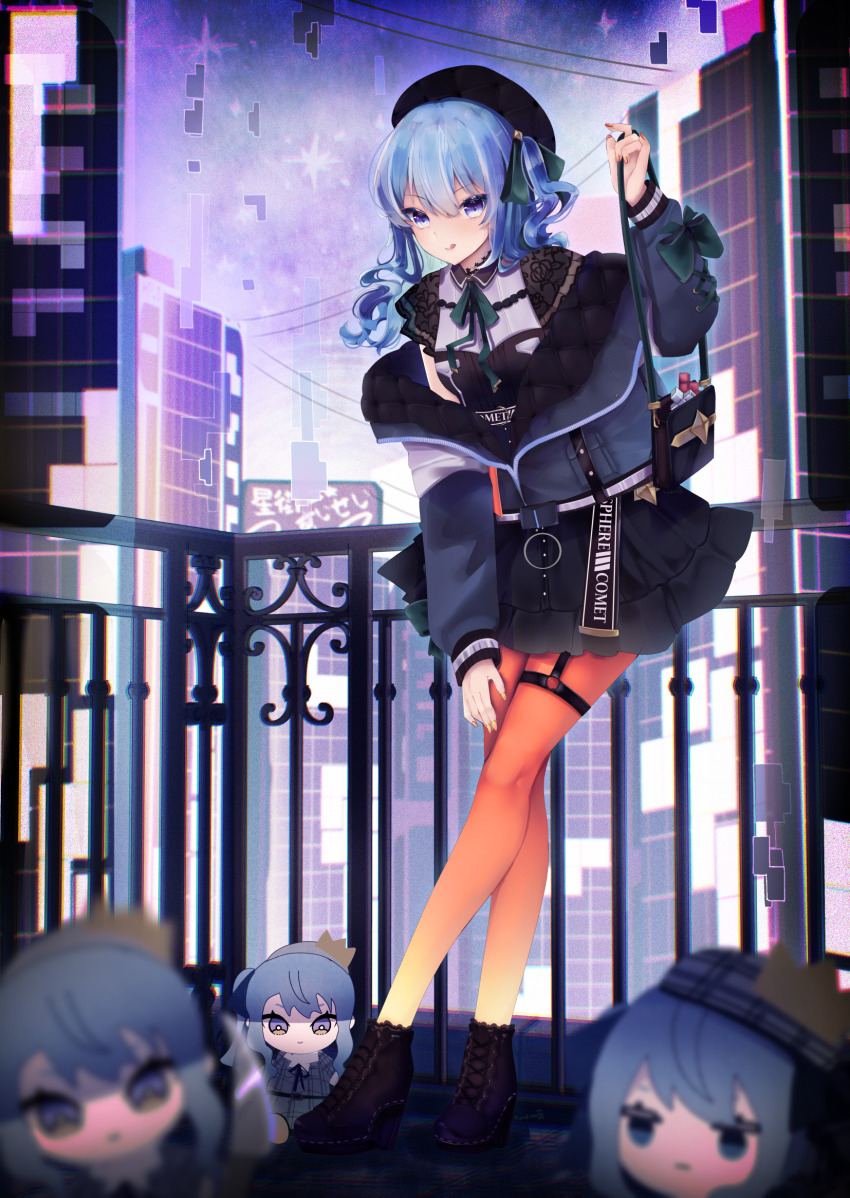 1girl, bag, beret, black_hat, black_jacket, black_shirt, black_shoes, black_skirt