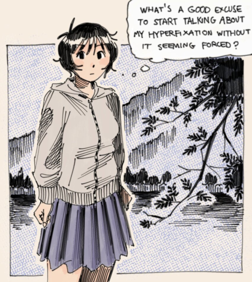 1girl, black_eyes, black_hair, branch, commentary, cowboy_shot, english_text, expressionless