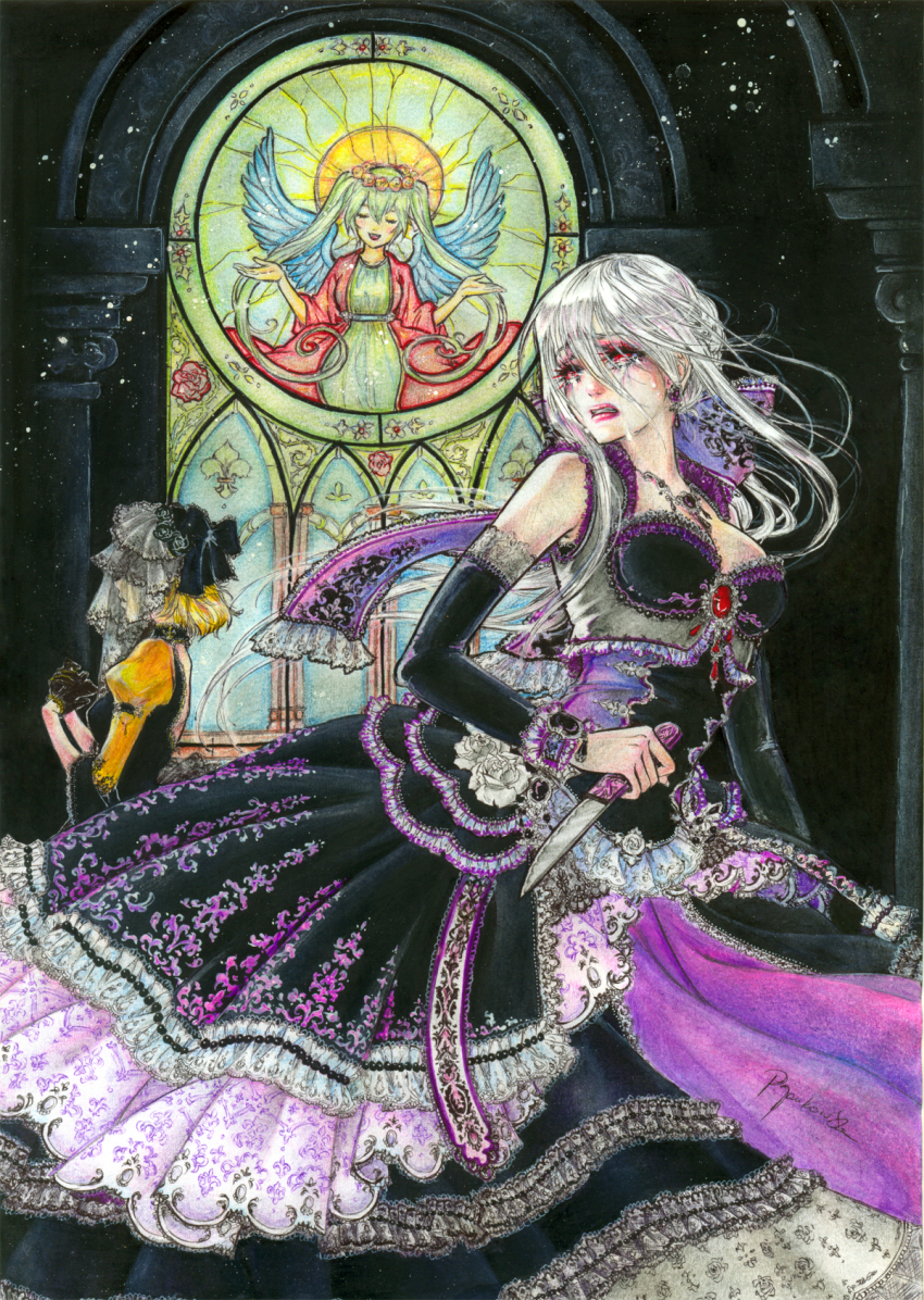 2girls, aku_no_musume_(vocaloid), albino, angel, angel_wings, black_gloves, blonde_hair, bow, breasts, clarith_(evillious_nendaiki), cleavage, dagger, dress, evillious_nendaiki, flower, gem, gloves, halo, hat, hatsune_miku, highres, hisekai, kagamine_rin, knife, marker_(medium), medium_breasts, michaela_(evillious_nendaiki), multiple_girls, red_eyes, ribbon, riliane_lucifen_d'autriche, rose, shiro_no_musume_(vocaloid), signature, stained_glass, tears, traditional_media, veil, vocaloid, weapon, white_flower, white_hair, white_rose, wings, yowane_haku