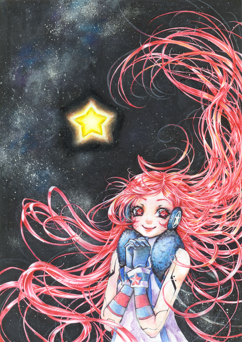 android, earmuffs, headphones, highres, hisekai, long_hair, marker_(medium), mittens