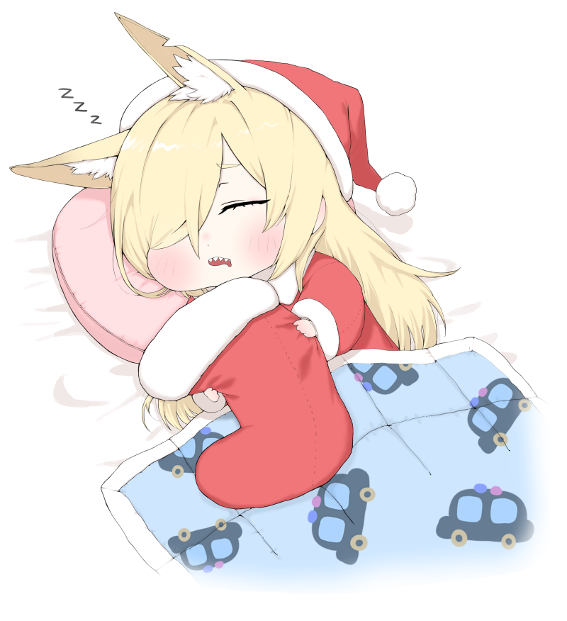1girl, animal_ears, blonde_hair, blue_archive, car_print, chibi, chibi_only, closed_eyes, commentary_request, dog_ears, dog_girl, drooling, fur-trimmed_headwear, fur_trim, hair_over_one_eye, hat, kanna_(blue_archive), long_hair, mouth_drool, pillow, pom_pom_(clothes), red_socks, santa_hat, simple_background, sleeping, socks, yosik