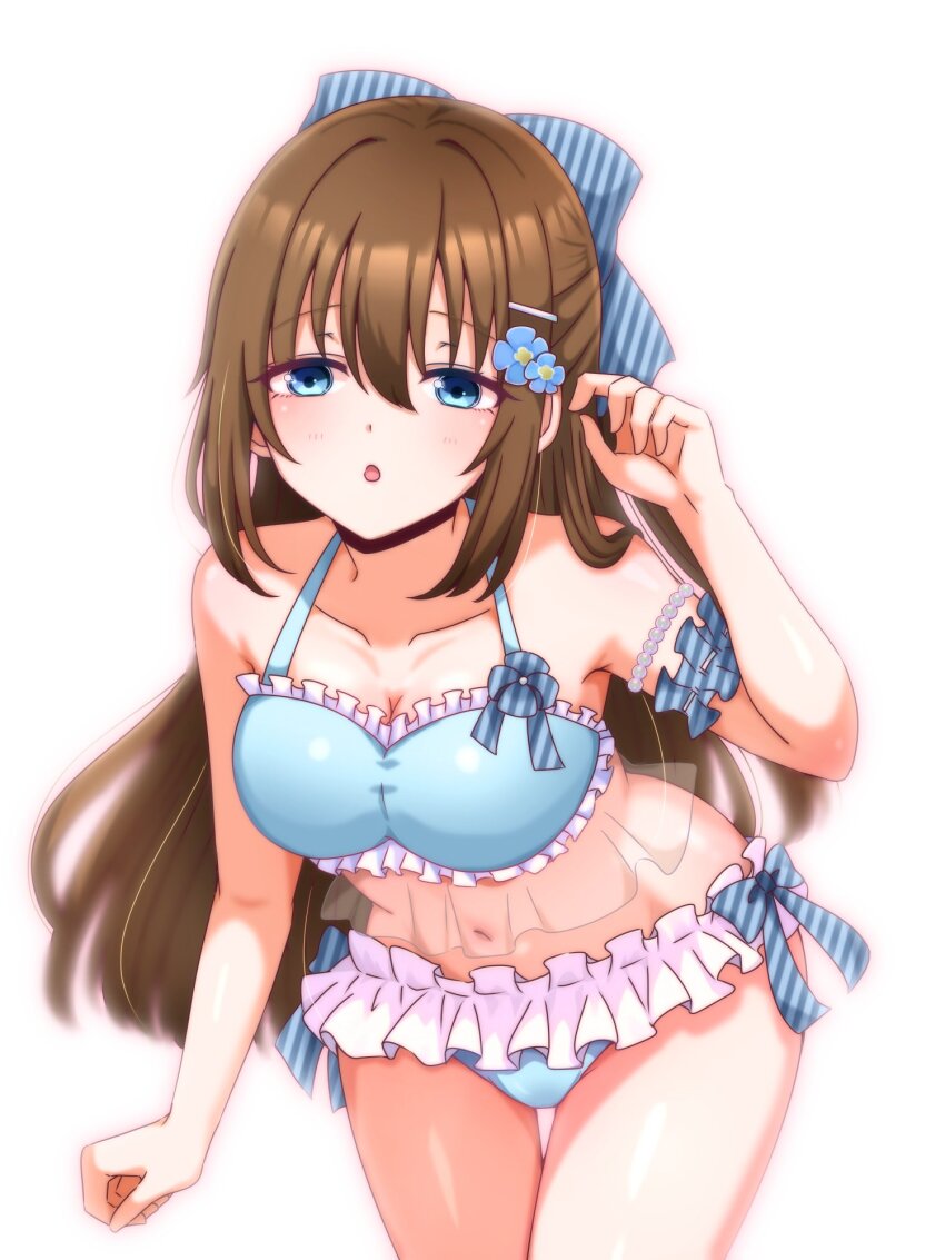 1girl, bikini, blue_bikini, blue_bow, blue_flower, bow, breasts, brown_hair, cleavage, collarbone, commentary_request, cowboy_shot, flower, frilled_bikini, frills, gu_(soruto), hair_bow, hair_flower, hair_ornament, half_updo, highres, leaning_forward, looking_at_viewer, love_live!, love_live!_nijigasaki_high_school_idol_club, medium_breasts, navel, osaka_shizuku, osaka_shizuku_(odaiba_beach_girl), solo, stomach, striped_bow, swimsuit, vertical-striped_bow