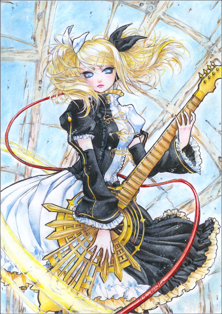 1girl, alternate_hairstyle, bass_guitar, blonde_hair, blue_eyes, detached_sleeves, dress, female_focus