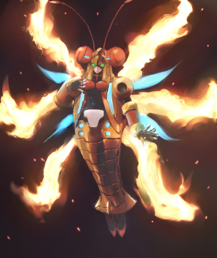 1girl, armor, arthropod_girl, black_background, breasts, byte_(grunty-hag1), commentary_request, fiery_wings