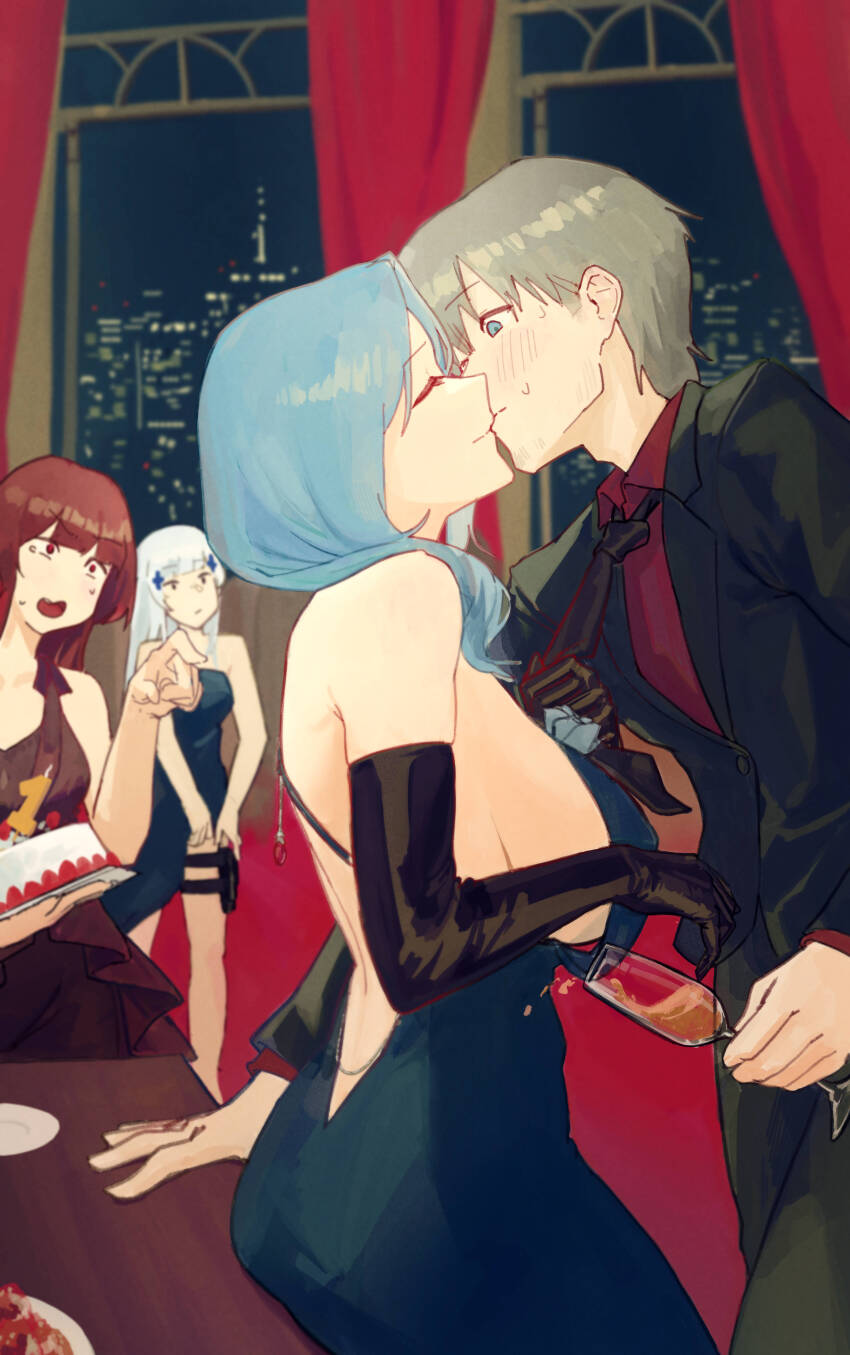 3girls, absurdres, arm_support, backless_dress, backless_outfit, black_gloves, black_jacket, black_necktie