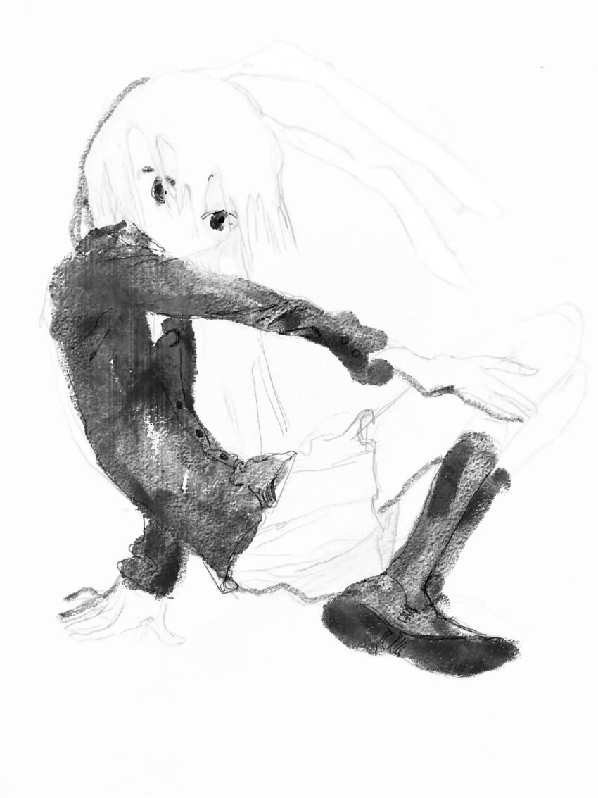 1girl, animal_ears, arm_support, fabit609, full_body, greyscale, hashtag-only_commentary, highres