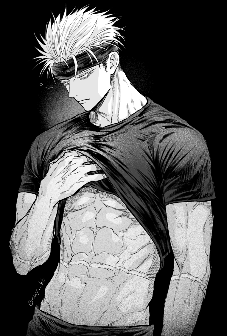 1boy, abs, black_background, blindfold, blindfold_on_head, closed_mouth, clothes_lift, commentary_request