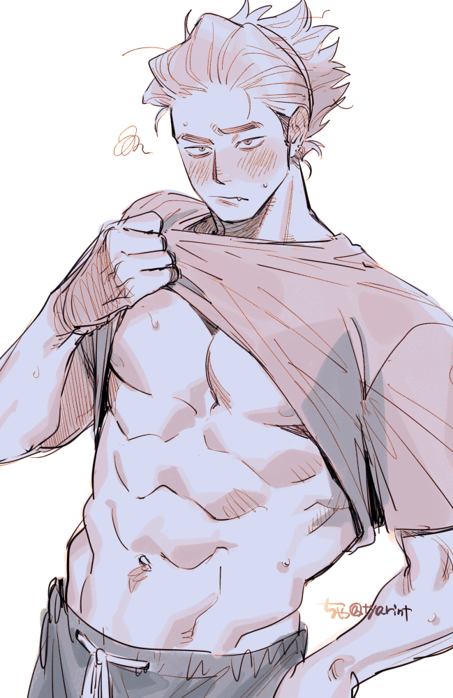 1boy, abs, blush, chanko_neru, closed_mouth, clothes_lift, commentary_request, fang