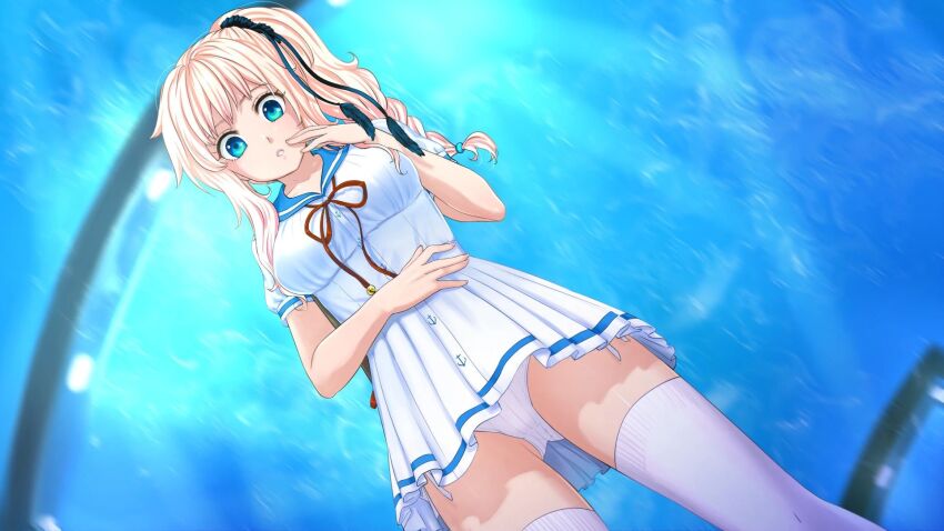 blonde_hair, blue_eyes, dress, game_cg, little_green_girl, orika_nekoi, panties, underwear