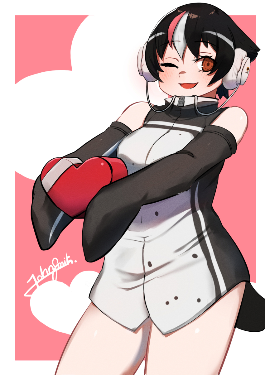 1girl, bare_shoulders, black_hair, brown_eyes, chocolate, commentary_request, elbow_gloves, galapagos_penguin_(kemono_friends)