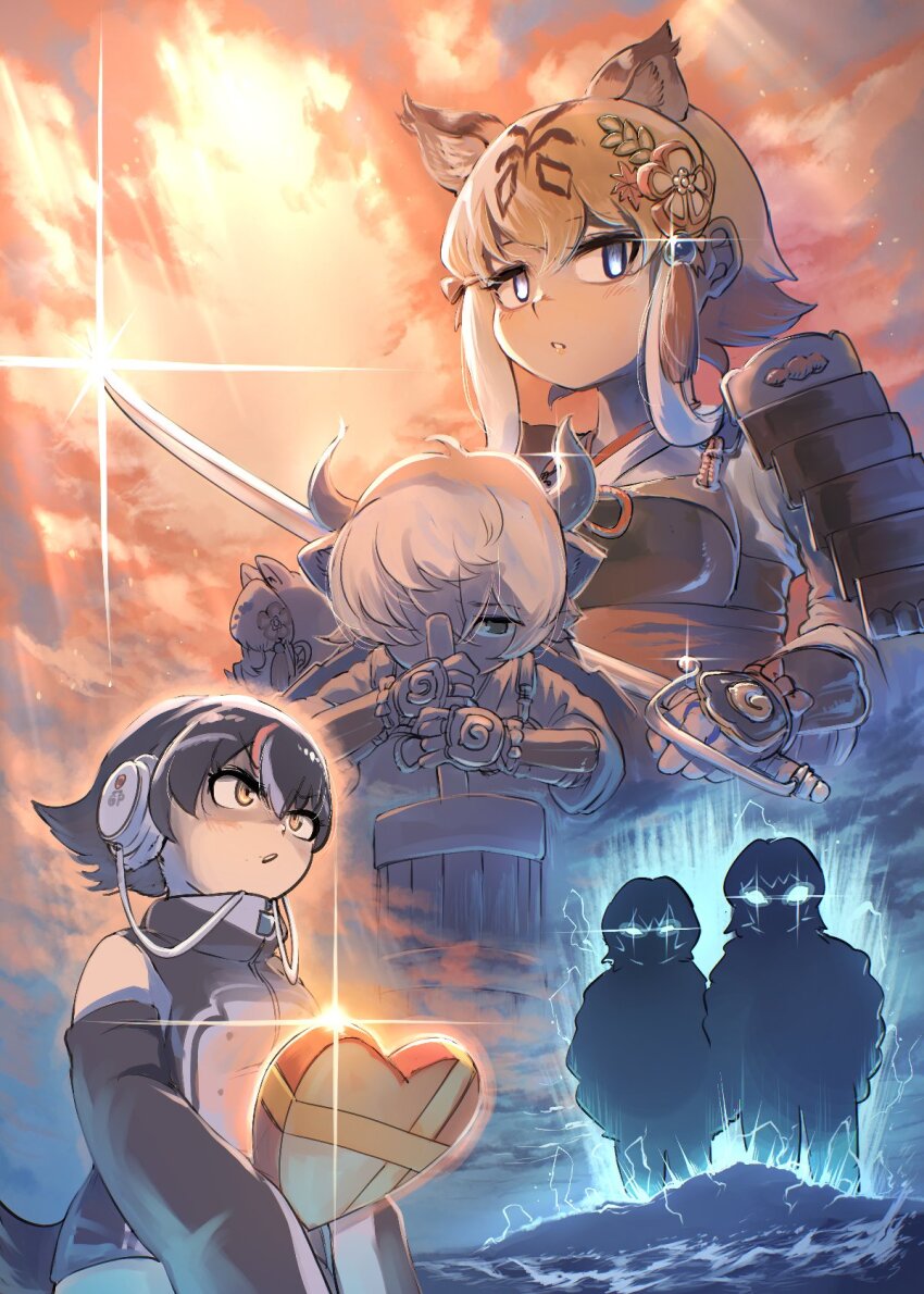 animal_ears, armor, black_hair, blonde_hair, blue_eyes, chocolate, commentary_request, eastern_santa_cruz_giant_tortoise_(kemono_friends)