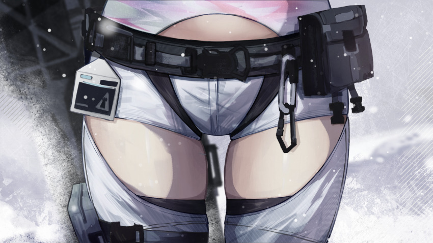 1girl, arknights, arknights:_endfield, aurora_(arknights), belt, belt_pouch, black_thighhighs, chaps, close-up, crotch_focus, harness, highres, pouch, shorts, snowshine_(arknights), solo, solrisx, thighhighs, white_chaps, white_shorts