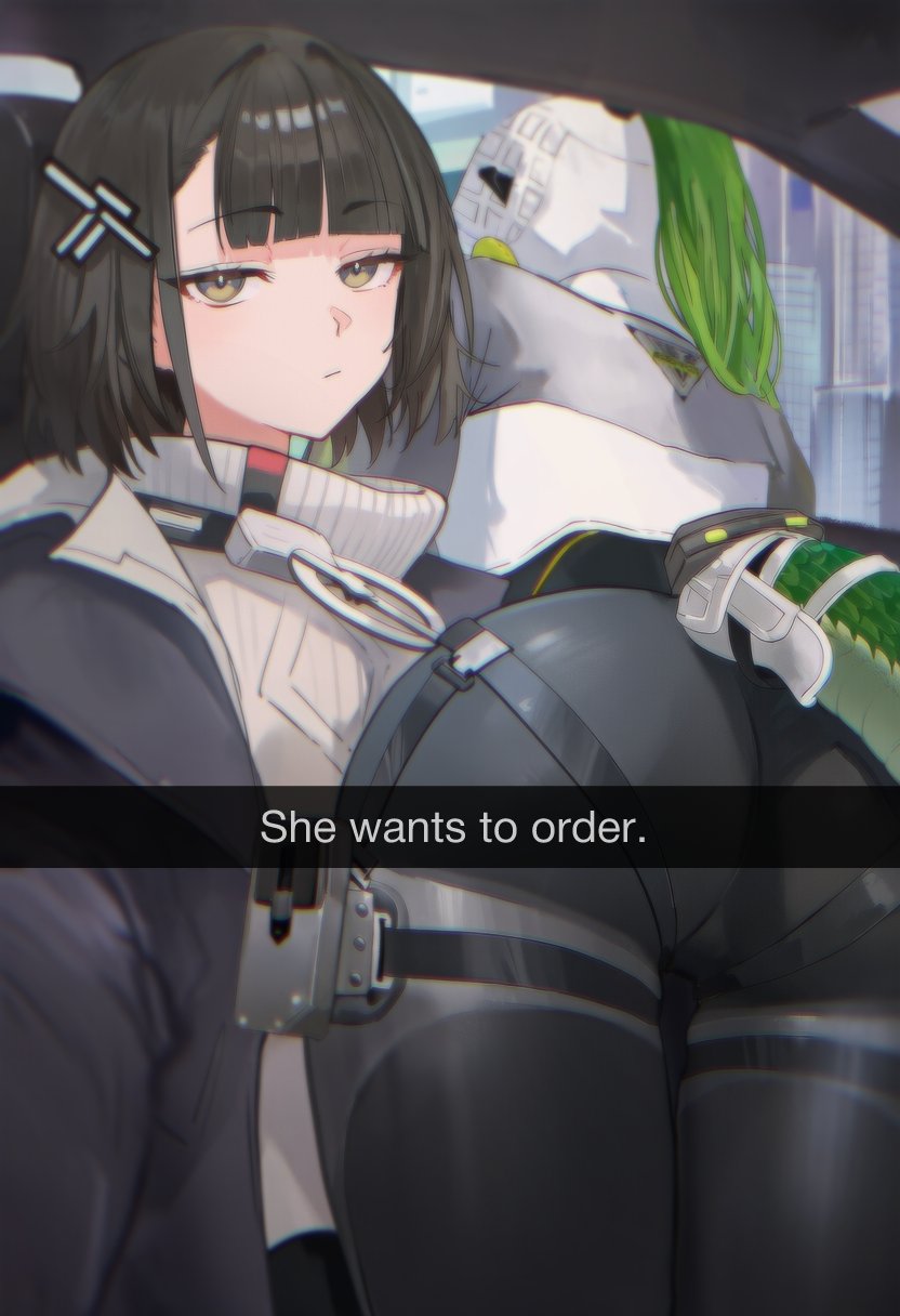 2girls, arknights, arknights:_endfield, ass, black_hair, black_jacket, black_pants, commentary_request, endministrator_(arknights), fluorite_(arknights), green_hair, hair_ornament, hairclip, he_wants_to_order_(meme), highres, hood, jacket, lizard_tail, looking_at_viewer, looking_to_the_side, meme, multiple_girls, not_yuri, pants, short_hair, shuraillusts, sitting, sweater, tail, white_sweater