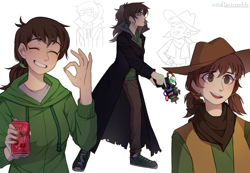 3girls, :d, ^_^, alternate_hairstyle, animification, antenna_hair, artist_name, black_coat