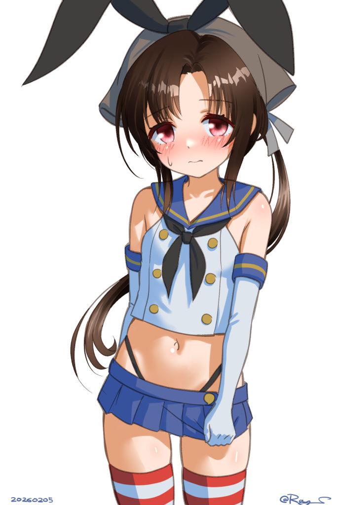 1girl, bandana, black_neckerchief, black_panties, blue_sailor_collar, blue_skirt, brown_hair, cosplay, crop_top, elbow_gloves, gloves, grey_bandana, highleg, highleg_panties, kantai_collection, loli, long_hair, microskirt, nankai_(kancolle), navel, neckerchief, panties, parted_bangs, pleated_skirt, ray.s, red_eyes, sailor_collar, shimakaze_(kancolle), shimakaze_(kancolle)_(cosplay), skirt, solo, striped_clothes, underwear, very_long_hair, white_gloves