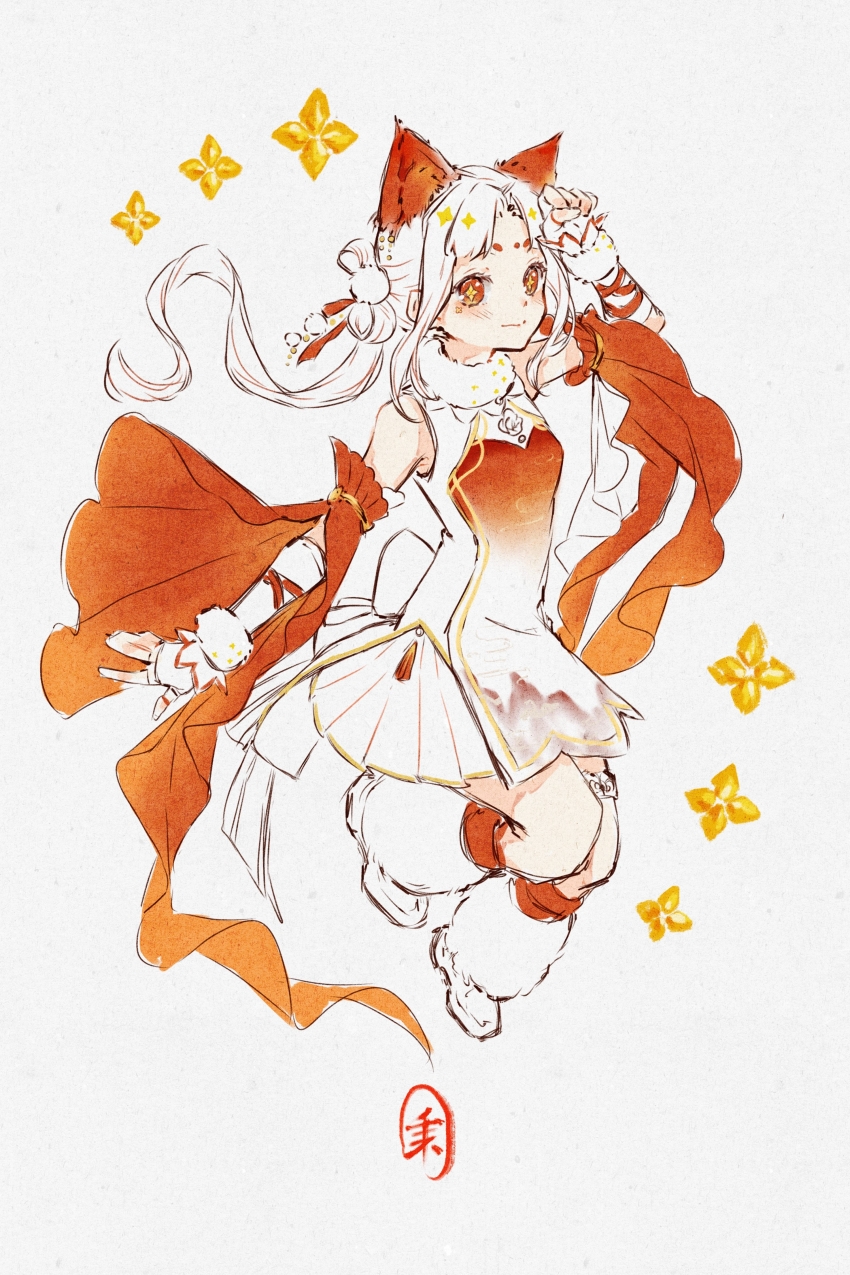 +_+, 1girl, absurdres, animal_ear_fluff, animal_ears, back_bow, bare_shoulders, bling_(infinity_nikki), bow, bow-shaped_hair, cat_ears, chinese_clothes, chinese_commentary, clenched_hand, closed_mouth, coin, commentary_request, detached_sleeves, dot_nose, double_bun, facial_mark, fingerless_gloves, floating_hair, forehead_mark, frilled_thigh_strap, full_body, fur_leg_warmers, fur_scarf, fur_wrist_cuffs, gloves, gold_coin, gradient_clothes, grey_background, hair_bun, hair_ornament, hand_on_own_head, happy, highres, infinity_nikki, jumping, kneehighs, knees, leg_warmers, light_blush, loafers, long_hair, long_sleeves, low_twintails, miniskirt, mountain_print, nikki_(series), parted_bangs, paw_pose, pleated_skirt, pleated_sleeves, pom_pom_(clothes), pom_pom_hair_ornament, print_tabard, qianyimuthyimu, red_eyes, red_sleeves, red_socks, red_tabard, scarf, shirt, shoes, signature, simple_background, skirt, sleeveless, sleeveless_shirt, smile, socks, solo, stylist_(nikki), tabard, thigh_strap, twintails, very_long_hair, wavy_hair, white_bow, white_gloves, white_hair, white_leg_warmers, white_scarf, white_shirt, white_shoes, white_skirt, white_wrist_cuffs, wide_sleeves, wrist_cuffs, yellow_pupils