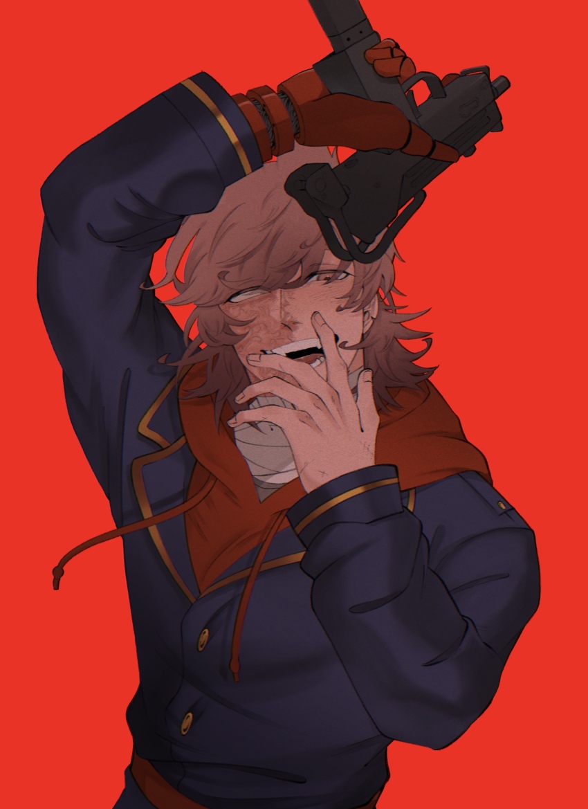 1boy, :d, alternate_hair_length, alternate_hairstyle, animification, antenna_hair, arm_up, bandaged_neck