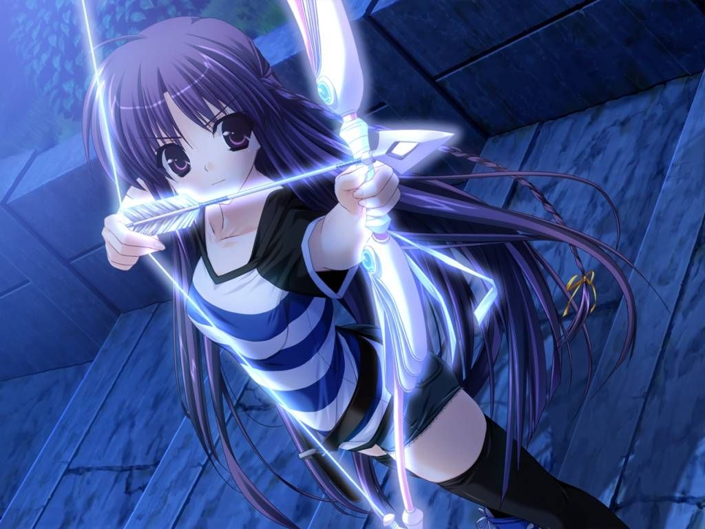 1girl, aiming, arrow_(projectile), belt, bow_(weapon), braid, breasts, clochette_(company)