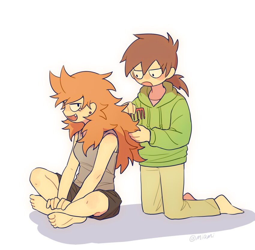 2girls, :d, alternate_breast_size_(smaller), alternate_costume, antenna_hair, barefoot, black_eyes, black_shorts