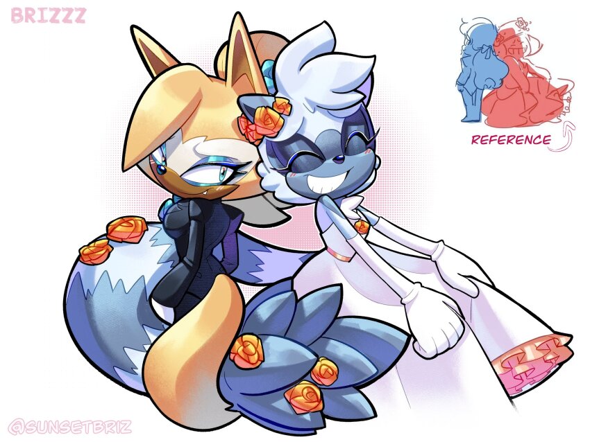 2girls, alternate_costume, animal_ears, artist_name, back-to-back, black_suit, blue_eyes, borrowed_design