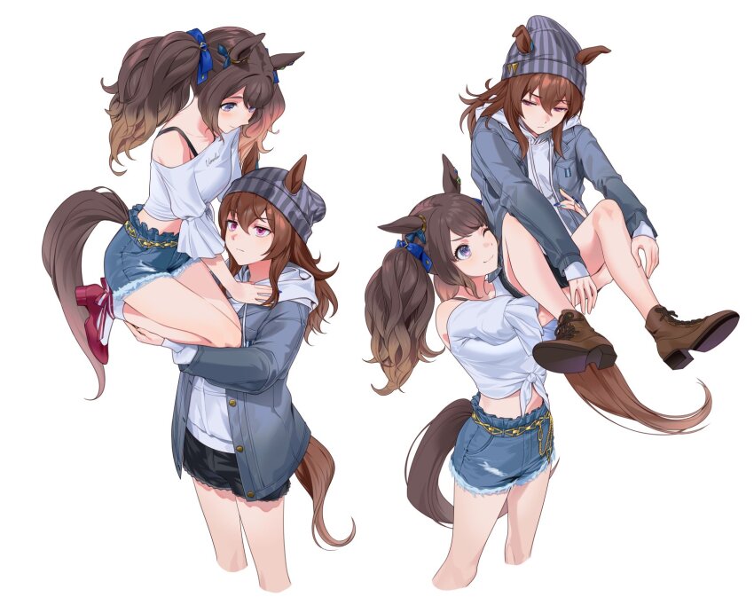 2girls, animal_ears, annoyed, bare_legs, bare_shoulders, beanie, black_shorts, blue_bow, blue_shorts, boots, bow, bra_strap, brown_boots, brown_hair, buttons, chain, chain_belt, closed_mouth, clothes_writing, collarbone, colored_tips, commentary_request, cropped_legs, denim, denim_shorts, ear_bow, ears_down, expressionless, frilled_sleeves, frills, front-tie_top, full_body, gold_buttons, gold_chain, grey_hair, grey_hat, hair_between_eyes, hair_bow, happy, hat, high_heel_boots, high_heels, highres, hood, hood_down, hoodie, horse_ears, horse_girl, horse_tail, jacket, korean_commentary, lace-trimmed_shorts, lace-up_boots, lace_trim, lifting_person, long_hair, long_sleeves, looking_at_another, lz_(palizyok), midriff, multicolored_hair, multiple_girls, multiple_views, nakayama_festa_(casual)_(umamusume), nakayama_festa_(umamusume), off-shoulder_shirt, off_shoulder, one_eye_closed, open_clothes, open_jacket, pink_eyes, puffy_long_sleeves, puffy_sleeves, pumps, red_shoes, shirt, shoes, short_shorts, shorts, sidelocks, simple_background, smile, socks, striped_clothes, striped_headwear, tail, tareme, three-quarter_sleeves, torn_clothes, torn_shorts, tosen_jordan_(casual)_(umamusume), tosen_jordan_(umamusume), tsurime, twintails, umamusume, vertical-striped_clothes, vertical-striped_headwear, wavy_hair, white_background, white_hoodie, white_shirt, white_socks, yuri