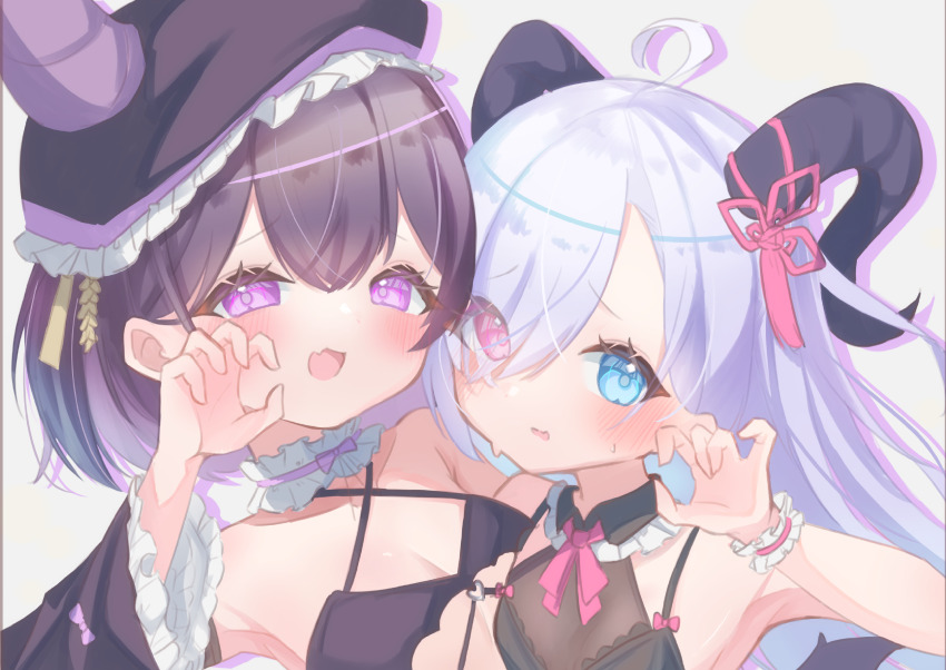 2girls, ahoge, barme_(mxkx7572), black_hair, black_hat, blue_eyes, blush, character_request