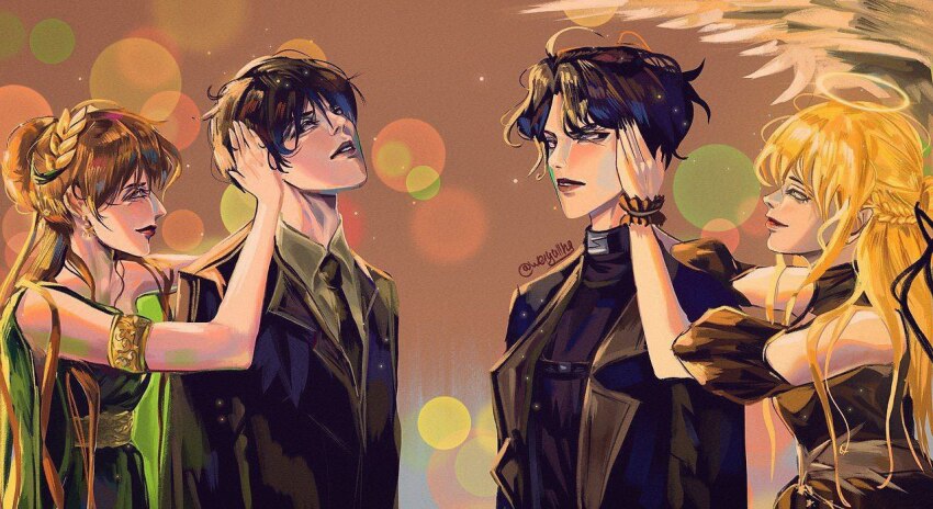 2boys, 2girls, bangle, belt_collar, black_dress, black_hair, black_jacket, black_necktie