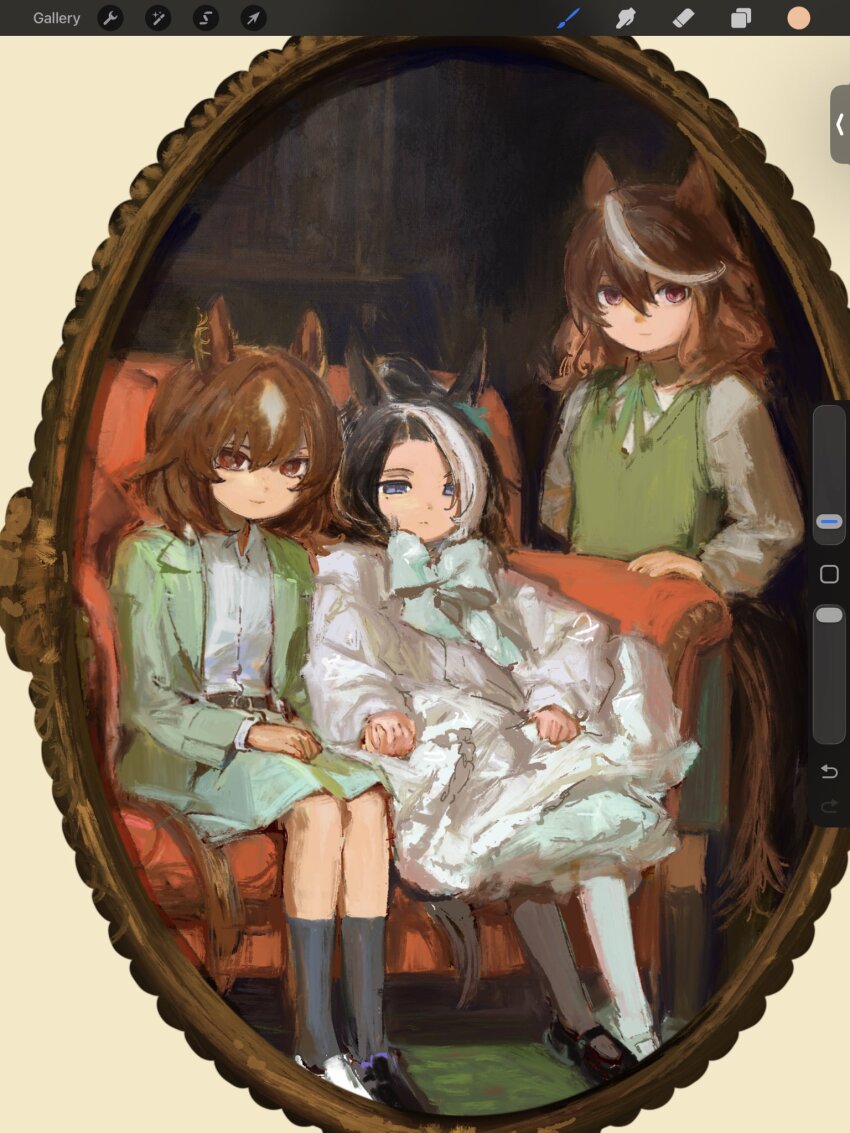 3girls, aged_down, animal_ears, ankle_socks, arm_behind_back, armchair, art_program_in_frame, asymmetrical_bangs