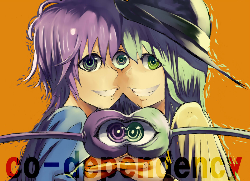2girls, bad_id, bad_pixiv_id, c-button, conjoined, creepy, english_text, female_focus, grin, hat, horror_(theme), komeiji_koishi, komeiji_satori, multiple_girls, short_hair, siblings, sisters, smile, third_eye, touhou, unusually_open_eyes