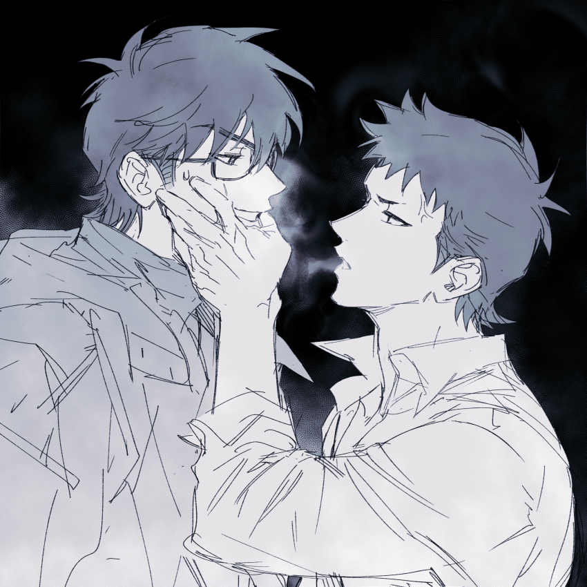 2boys, absurdres, ace_of_diamond, black_background, breath, collared_shirt, commentary_request, glasses
