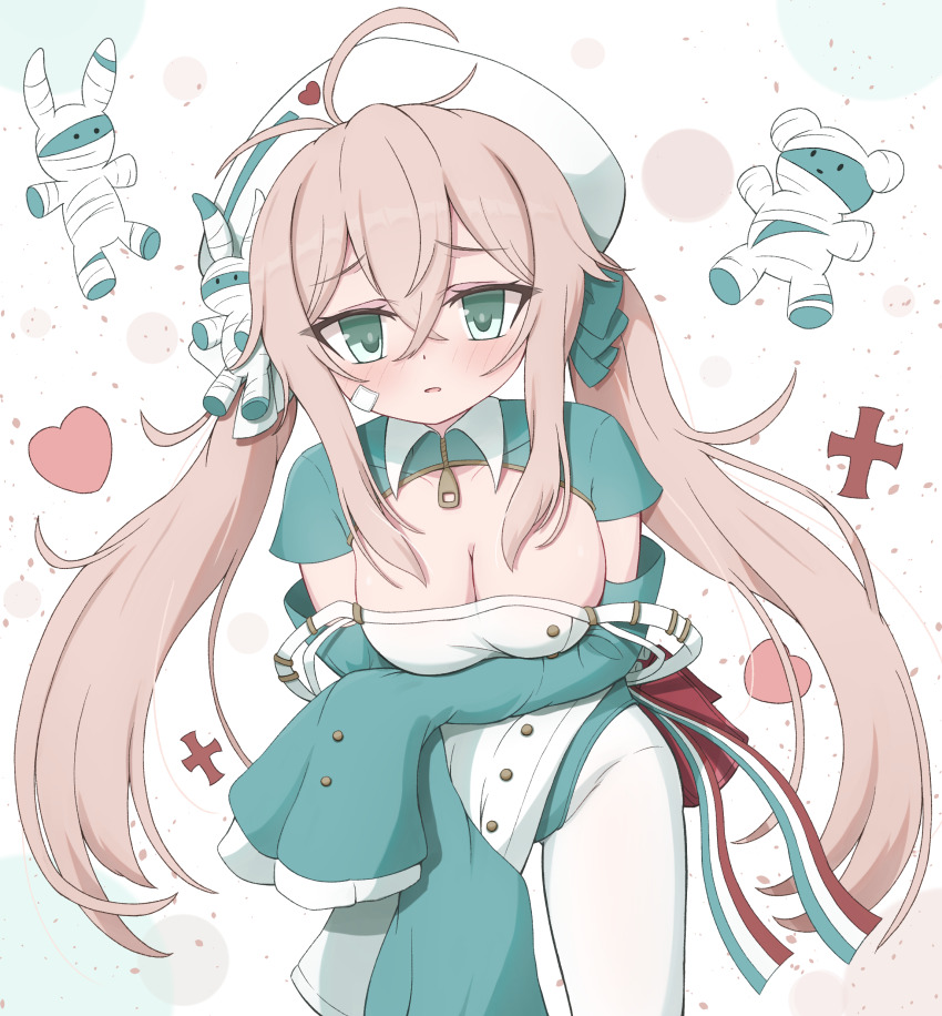 1girl, absurdres, ahoge, azur_lane, bandaid, bandaid_on_face, blonde_hair, blush