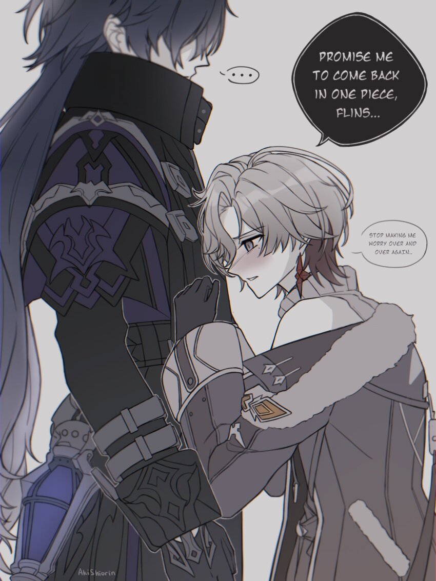 2boys, akishiorin, bare_shoulders, black_gloves, blue_hair, closed_mouth, commentary_request, earrings