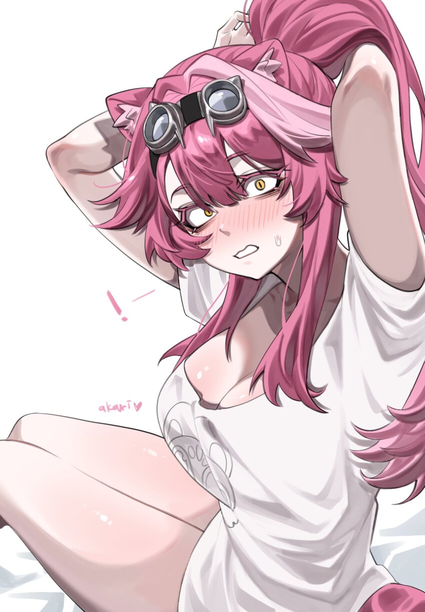 !, 1girl, adjusting_hair, akar1_akar1, alternate_costume, animal_ear_fluff, animal_ears, arm_behind_head