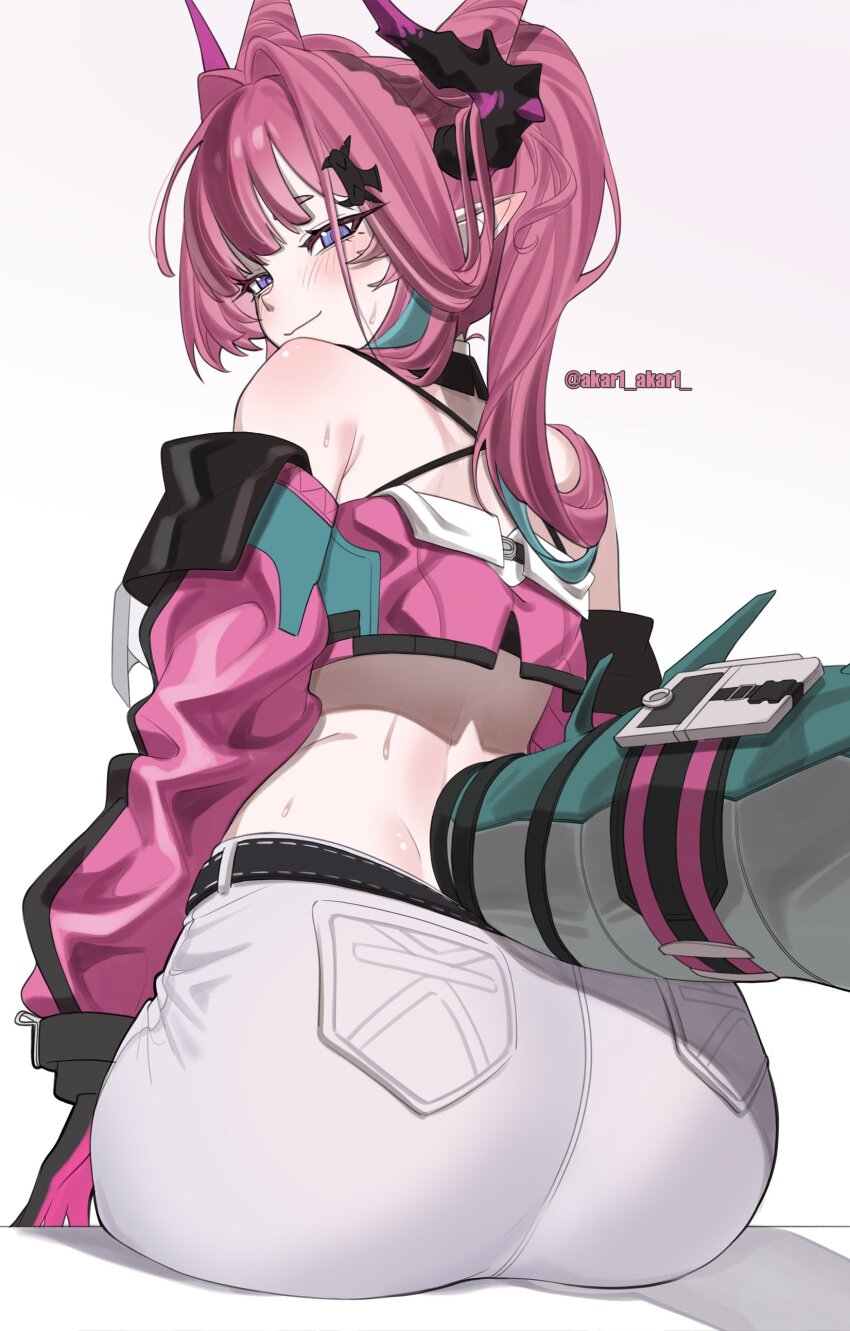 1girl, absurdres, akar1_akar1, arknights, arknights:_endfield, ass, back, bare_shoulders, belt, blue_eyes, blue_hair, blush, commentary, crop_top, detached_sleeves, dragon_girl, dragon_horns, dragon_tail, gloves, highres, horns, long_hair, looking_at_viewer, pants, pink_gloves, pink_hair, pointy_ears, tail, twintails, twitter_username, white_pants, yvonne_(arknights)