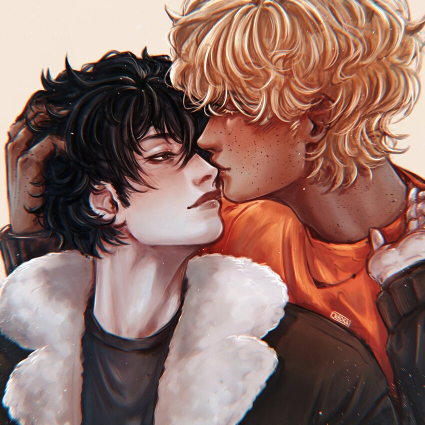 2boys, black_hair, black_shirt, blonde_hair, blush, brown_jacket, freckles, fur_trim, hand_in_another's_hair, highres, jacket, looking_at_another, male_focus, multiple_boys, nico_di_angelo, oladushekcos, orange_shirt, percy_jackson_and_the_olympians, shirt, short_hair, upper_body, william_solace, yaoi